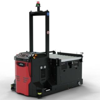 Fahrerloses Transportfahrzeug I-MATIC CT core von Linde MH zur Aufnahme und Transport von Waren von einem Fördersystem.